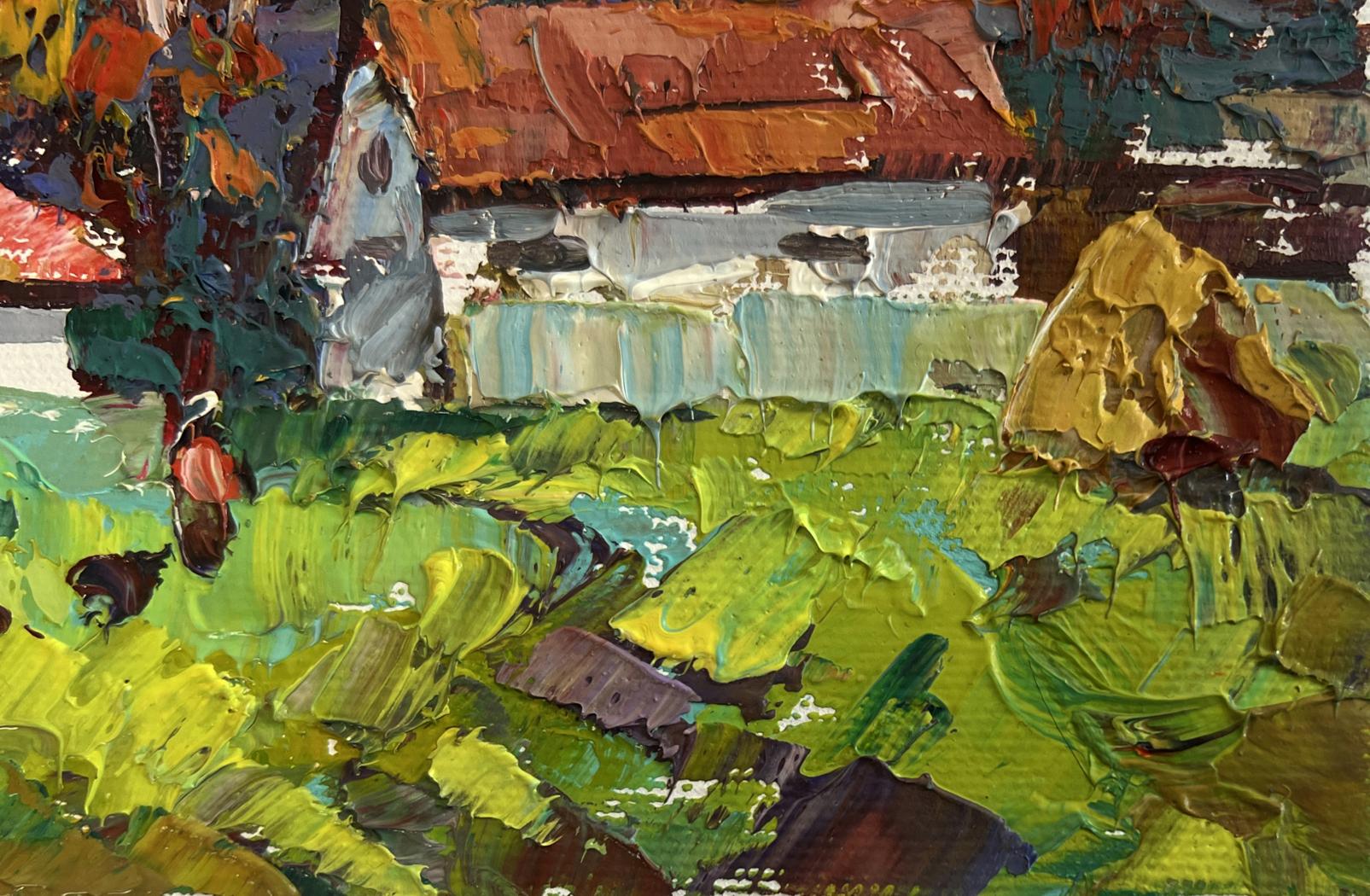 Vibrant Oleksiy Ivanyuk oil painting of rustic house in autumn yellow sunset