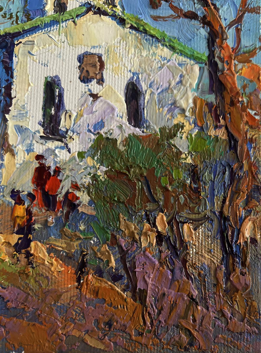 Oil painting Autumn church bells by Oksana Ivanyuk with green roof