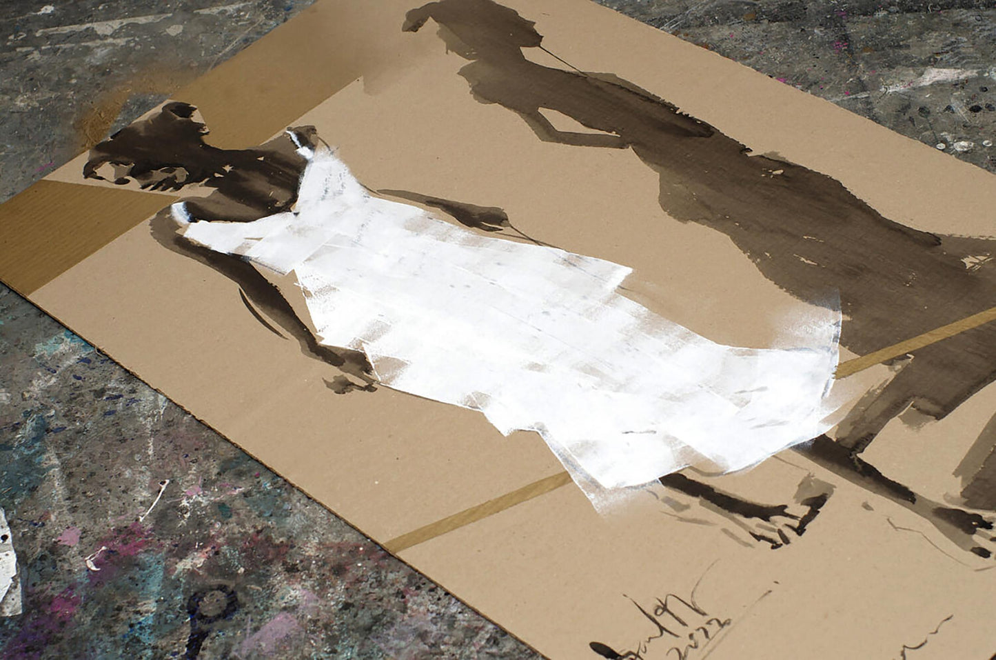 White sleeveless dress silhouette acrylic painting by Dima Filatov on brown cardboard