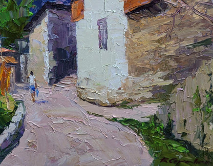 Textured impasto oil painting of Boris Serdyuk historical village alleyway