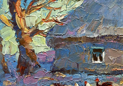 Oil painting Frost in the Yard by Oksana Ivanyuk with orange tree