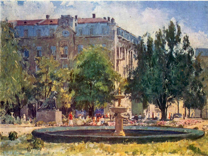Volodymyr Synytskyi oil painting of stone fountain in Ukrainian park landscape