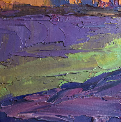 Oil painting The winter morning begins Boris Serdyuk vibrant purple green orange impasto