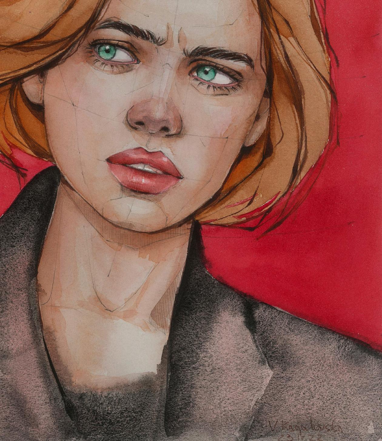 Watercolor portrait Mistrust by Victoria Kagalovska, green-eyed woman in gray coat