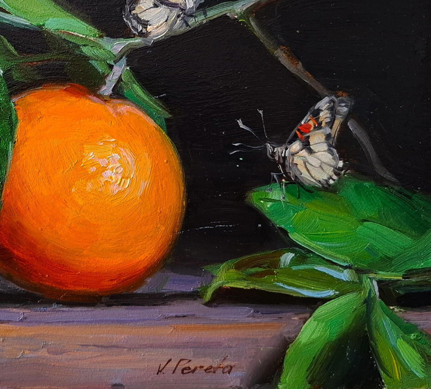 Oil painting of orange citrus, butterflies by Vyacheslav Pereta