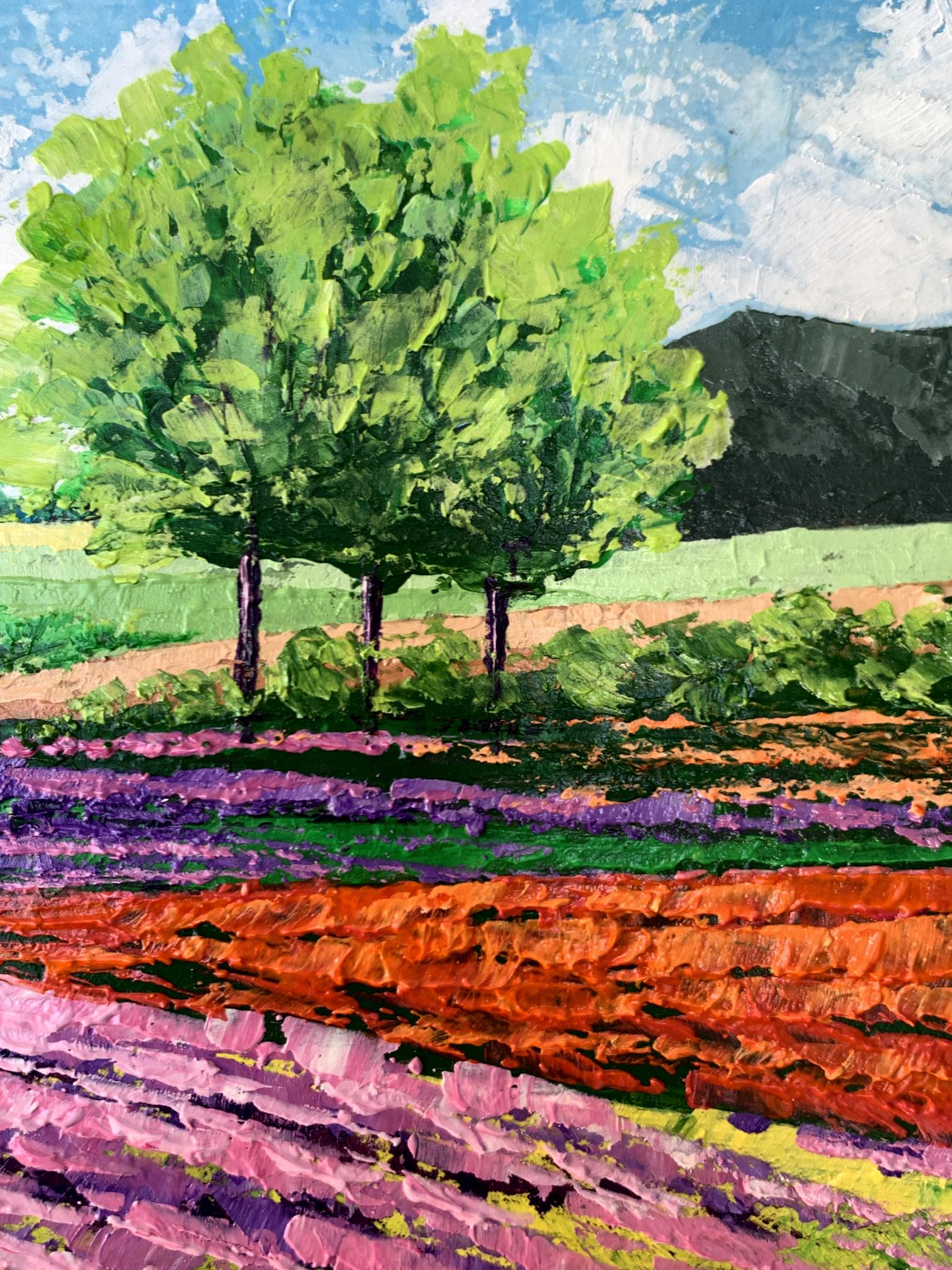 Vibrant impressionist oil painting of flower fields near mountains by V. Zadorozhnya