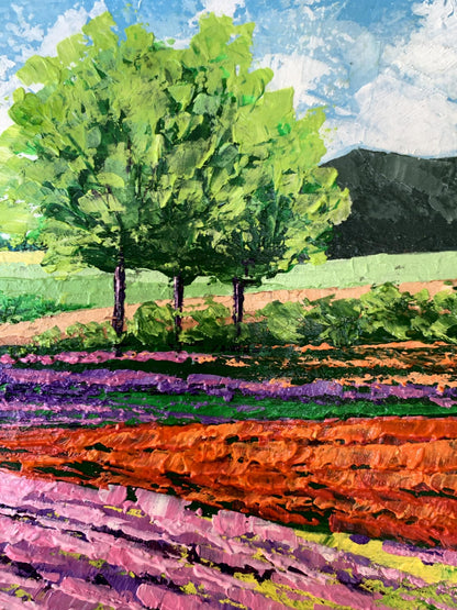 Vibrant impressionist oil painting of flower fields near mountains by V. Zadorozhnya