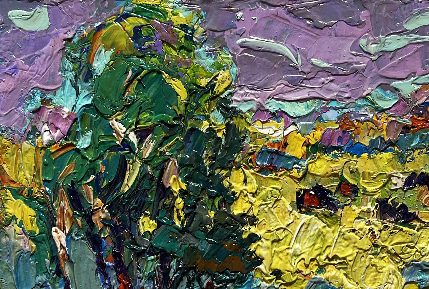 Oil painting In autumn after the rain by Oleksiy Ivanyuk, vibrant green yellow brushstrokes purple sky