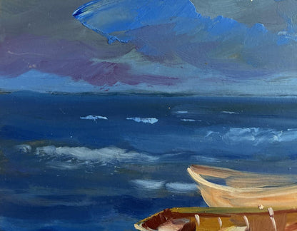 Oil painting of wooden rowboat on calm evening sea by Yuriy Suprunchuk