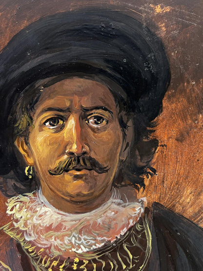 Oil painting of mustached man by Alexander Litvinov with curly hair, ornate hat, ruff