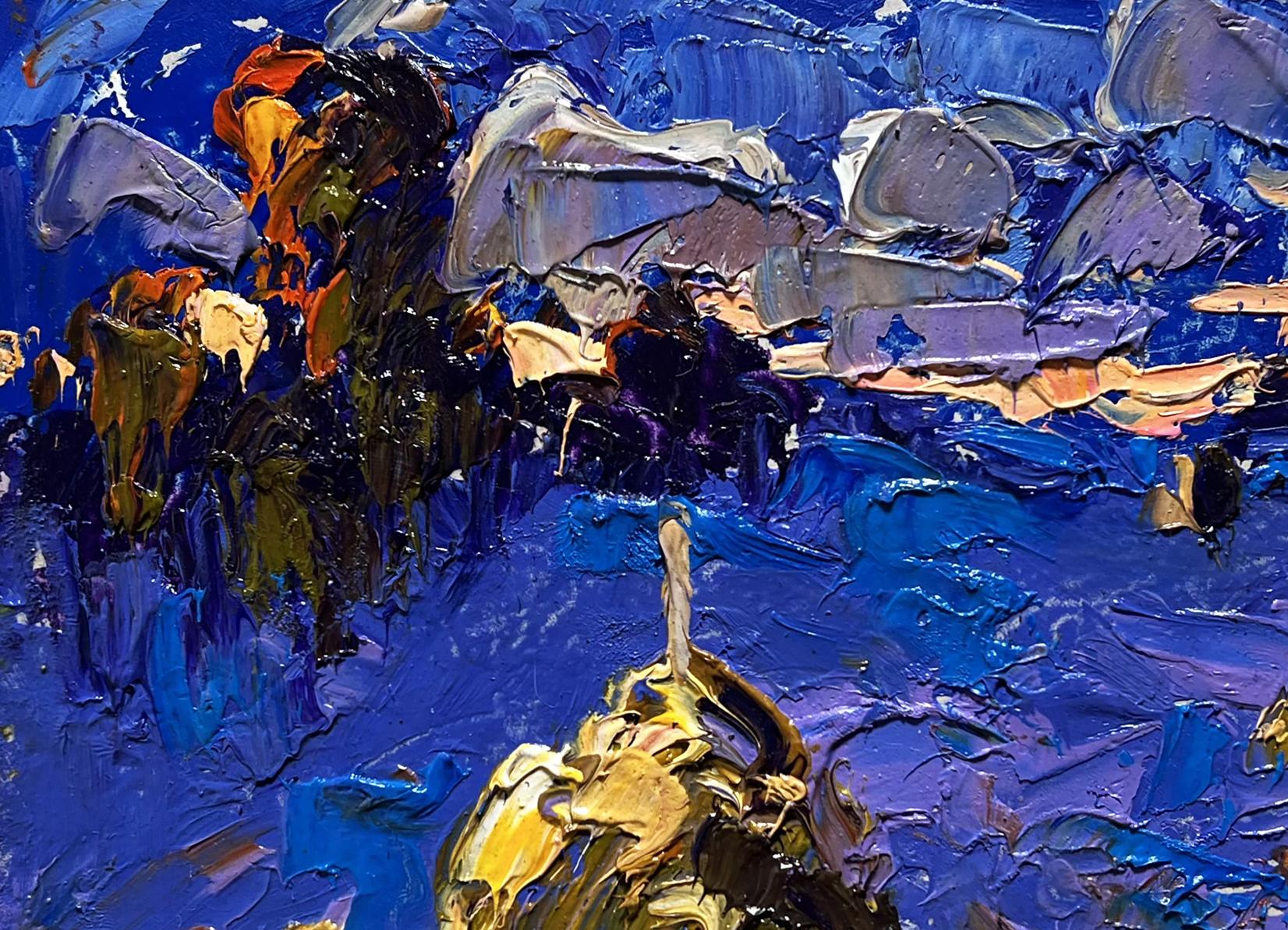Vibrant oil painting The last rays of the sun by Oleksiy Ivanyuk with blue textured brushstrokes and sunset accents