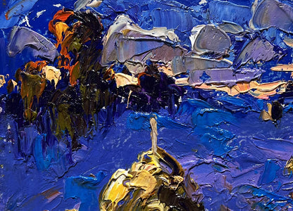 Vibrant oil painting The last rays of the sun by Oleksiy Ivanyuk with blue textured brushstrokes and sunset accents