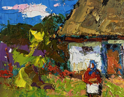 Vibrant impressionist oil painting of thatched cottage by Oksana Ivanyuk
