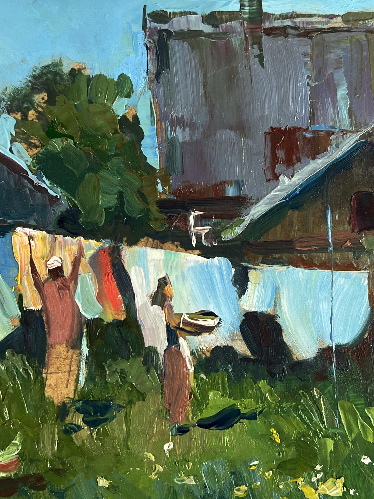 Vibrant impressionist oil painting by Yuriy Suprunchuk: sunlit rural laundry scene