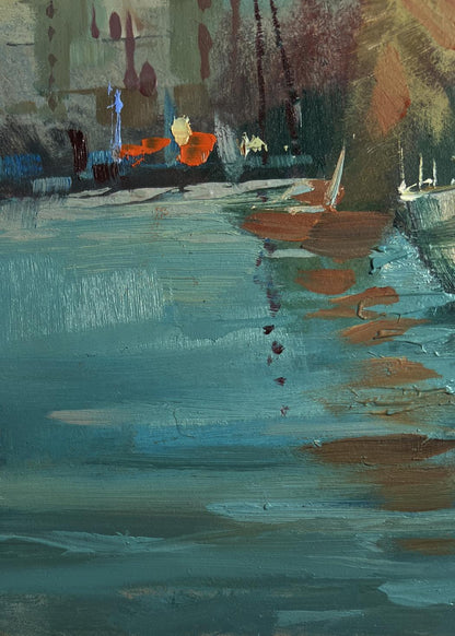 Abstract teal brown oil painting of quiet Venice harbor by Yuriy Suprunchuk