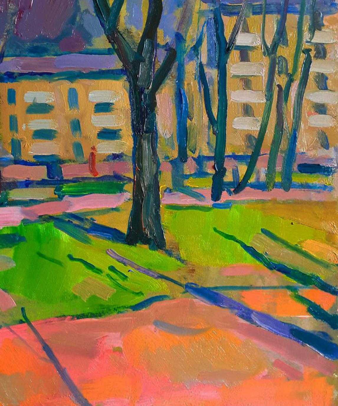 Vibrant impressionist oil painting of urban park landscape by Pavel Dobrev