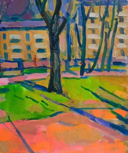 Vibrant impressionist oil painting of urban park landscape by Pavel Dobrev