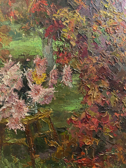 Oil painting Autumn in the garden by Nikolai Kononenko with pink yellow flowers
