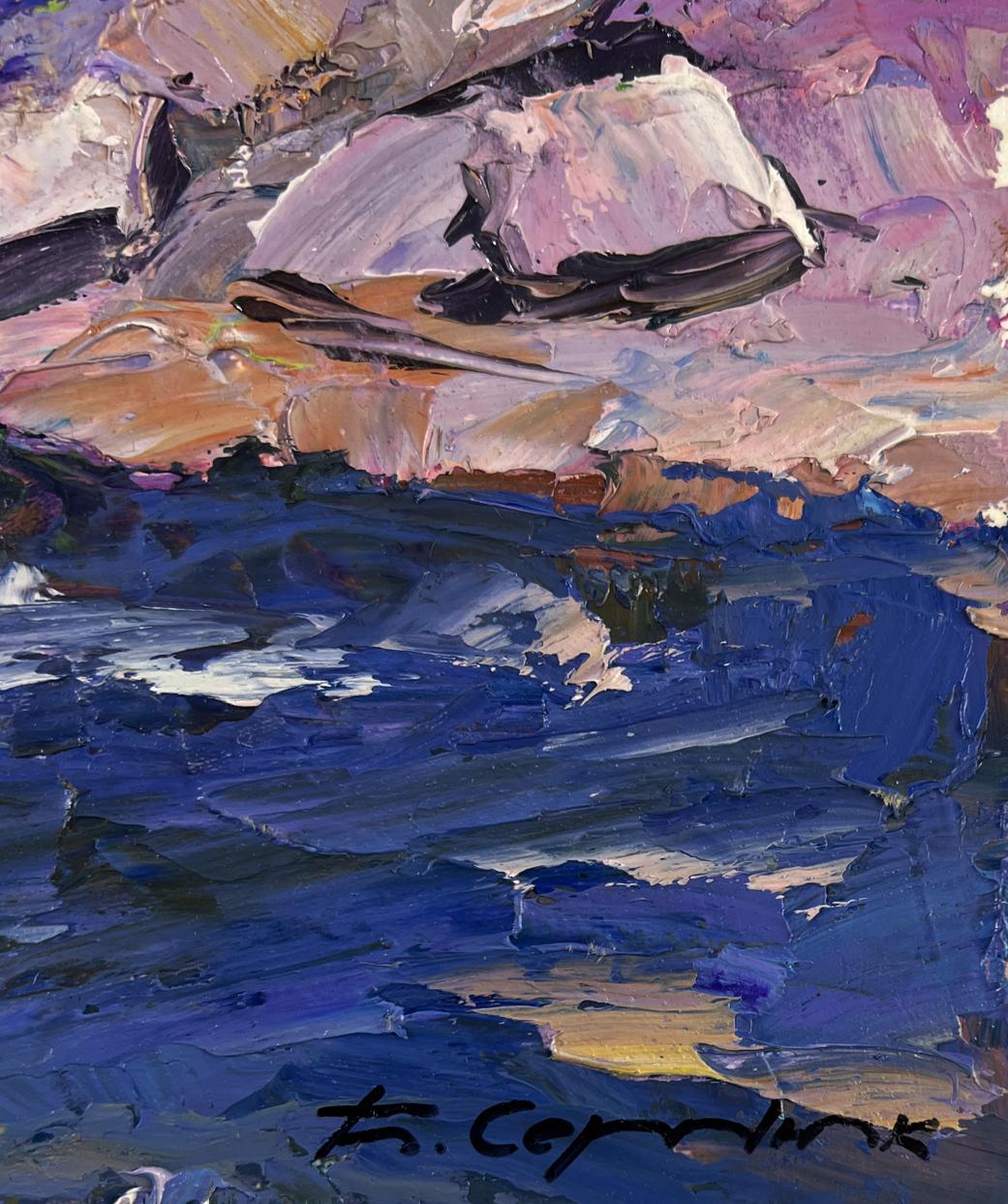 Textured oil painting of mountain river descending through forest by Boris Serdyuk