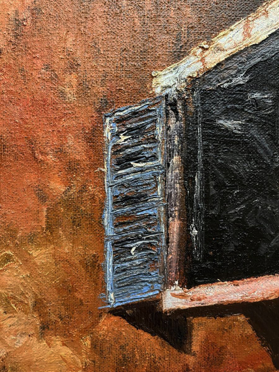 Oil painting Unchanging by Serhiy Kovalev: weathered blue shutter on orange wall