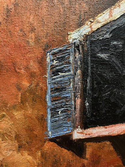 Oil painting Unchanging by Serhiy Kovalev: weathered blue shutter on orange wall