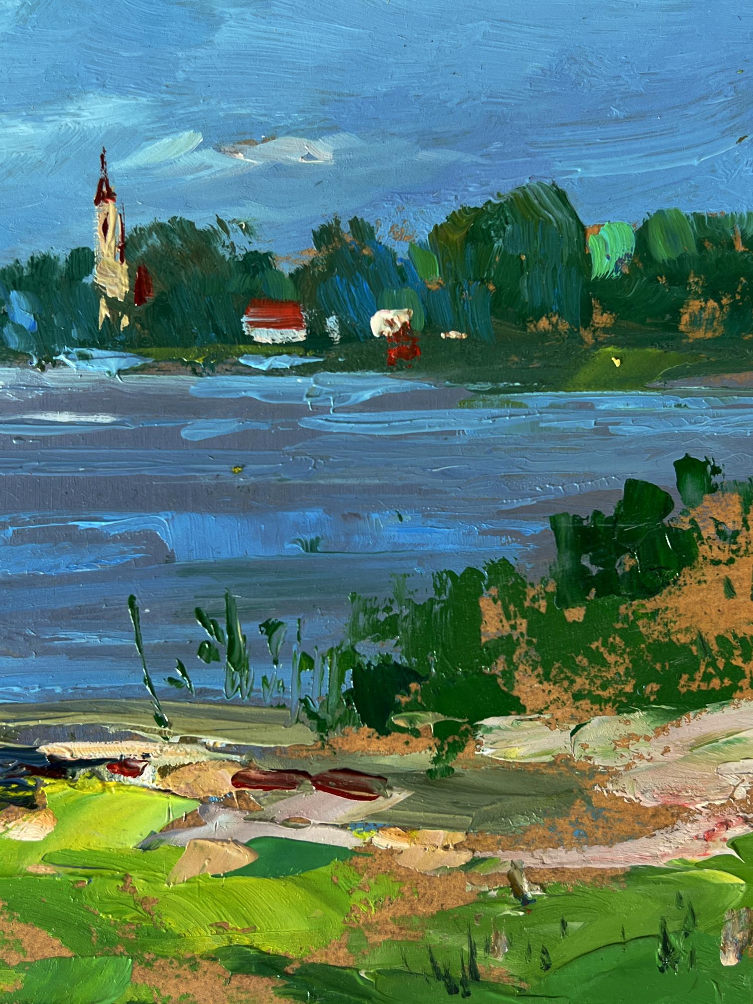 Vibrant impressionist oil painting of Yuriy Suprunchuk bridge by river