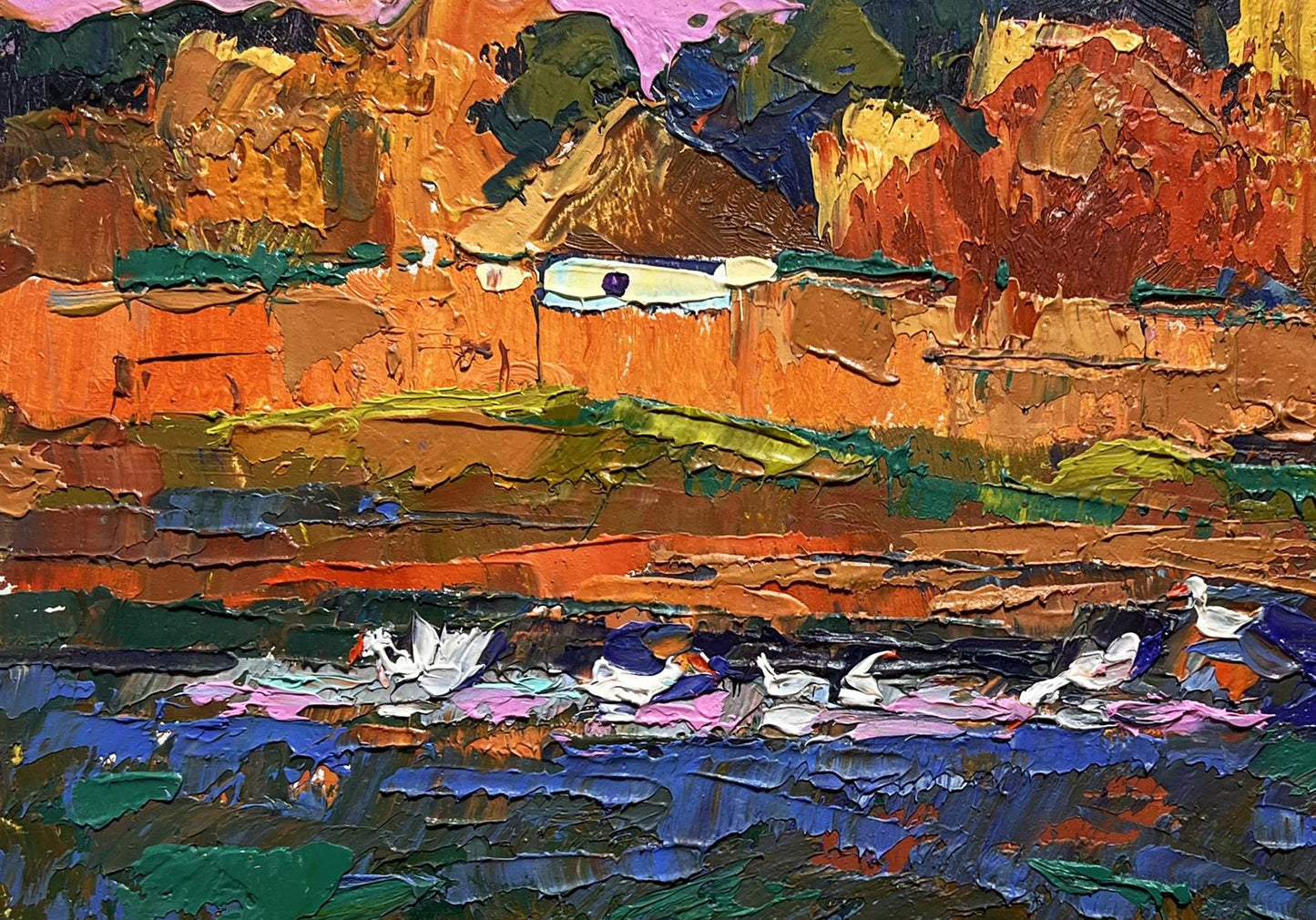 Vibrant Evening by the Lake oil painting by Oksana Ivanyuk with ducks