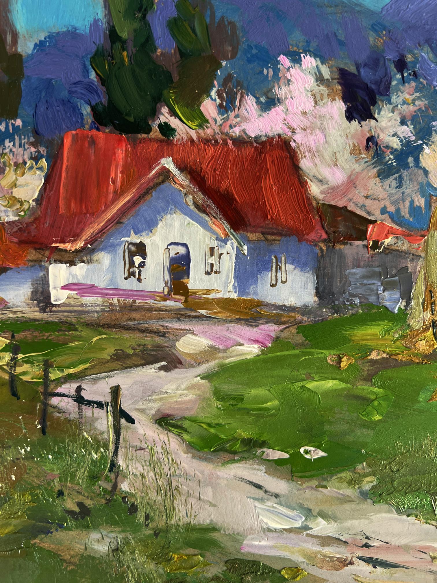 Impressionistic oil painting of charming white house with red roof by Yuriy Suprunchuk