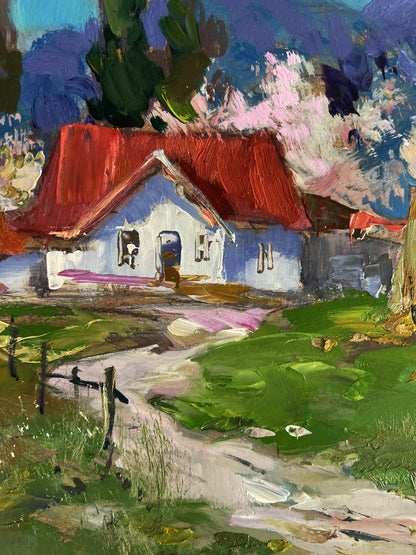 Impressionistic oil painting of charming white house with red roof by Yuriy Suprunchuk