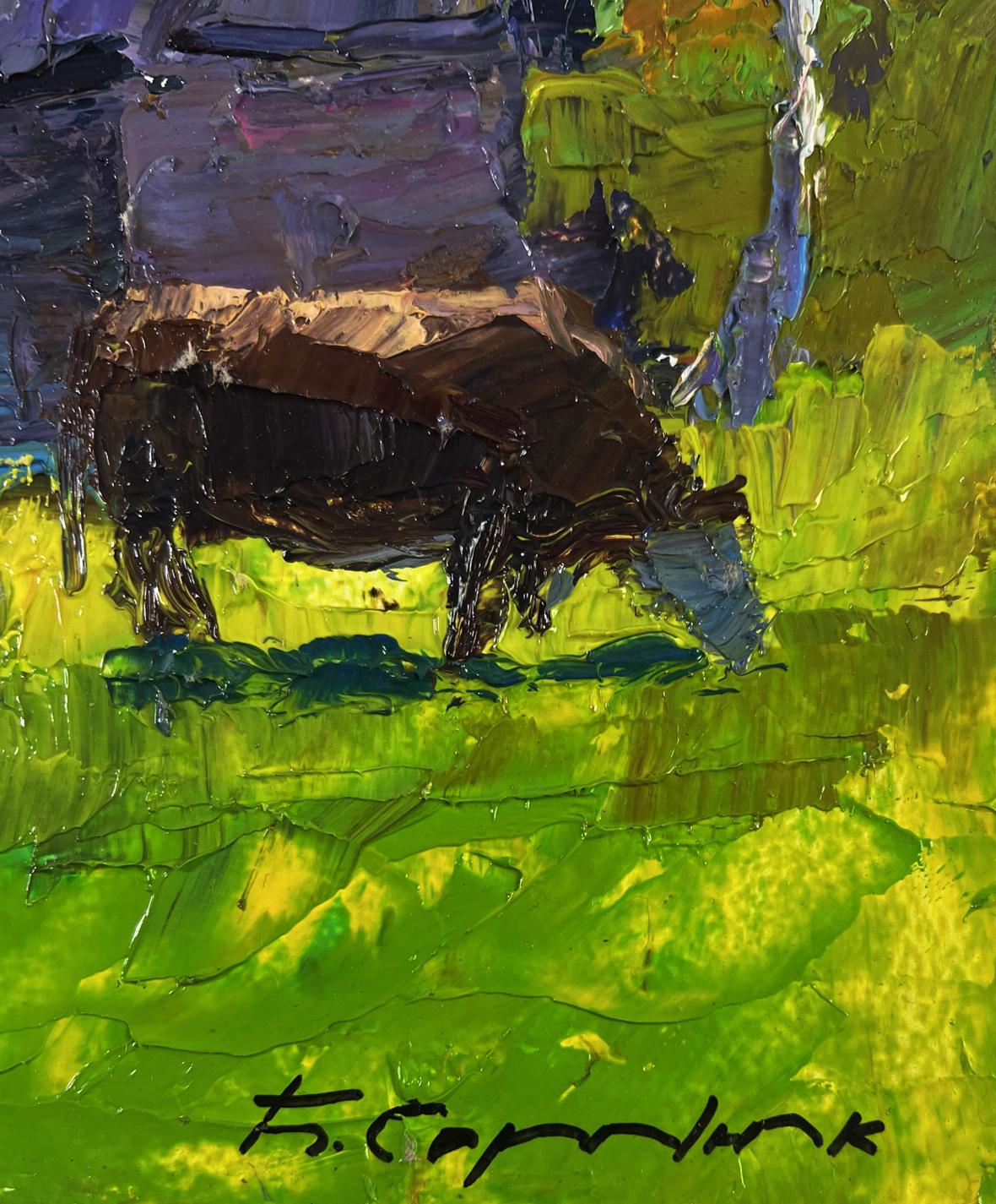 Oil painting of lonely dark brown cow in green field by Boris Serdyuk