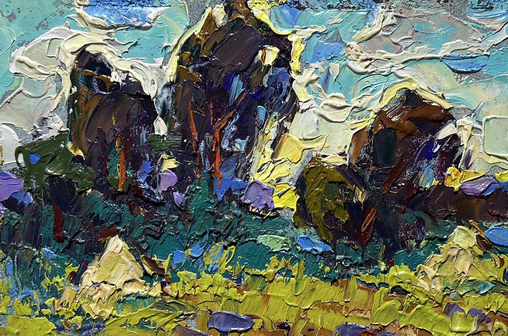 Impressionistic oil painting of plowed field and haystacks by Oleksiy Ivanyuk