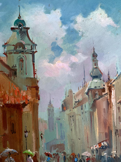 Vibrant impressionist oil painting of European city street by Yuriy Suprunchuk