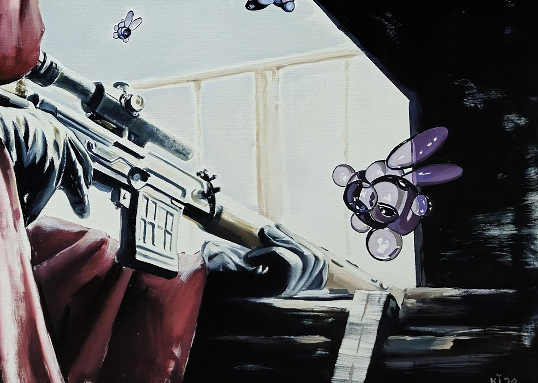 Oil painting Approaching danger by Igor Konovalov: sniper rifle aimed at purple insect creatures