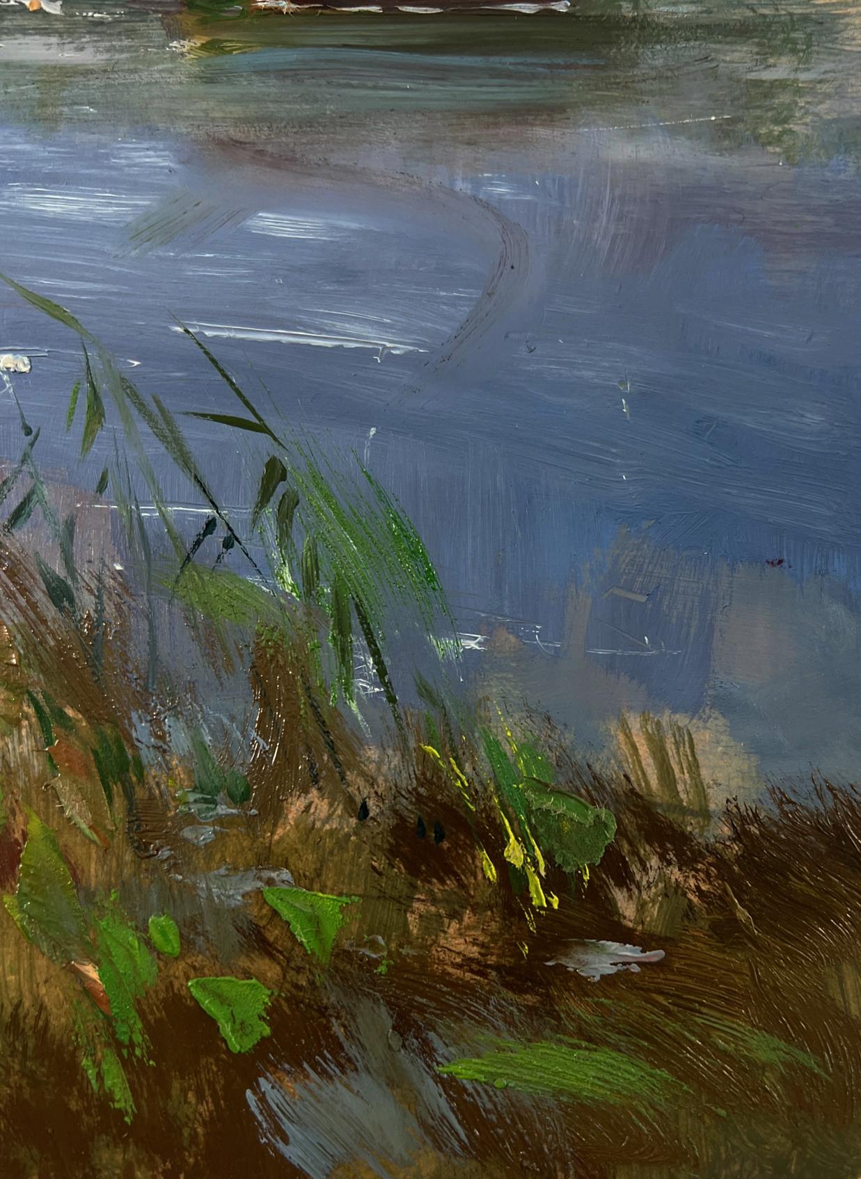 Oil painting Life by the village river by Yuriy Suprunchuk, green reeds and water