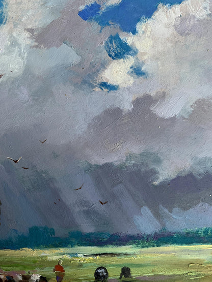 Textured oil painting by Yuriy Suprunchuk of dramatic cloudy sky over green field