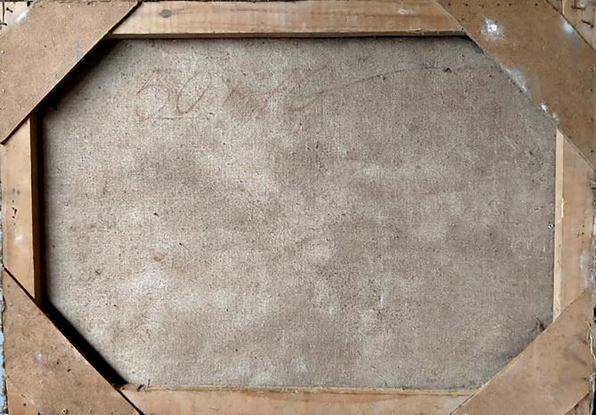 Back of Volodymyr Pashchenko oil painting with beige canvas and wood frame