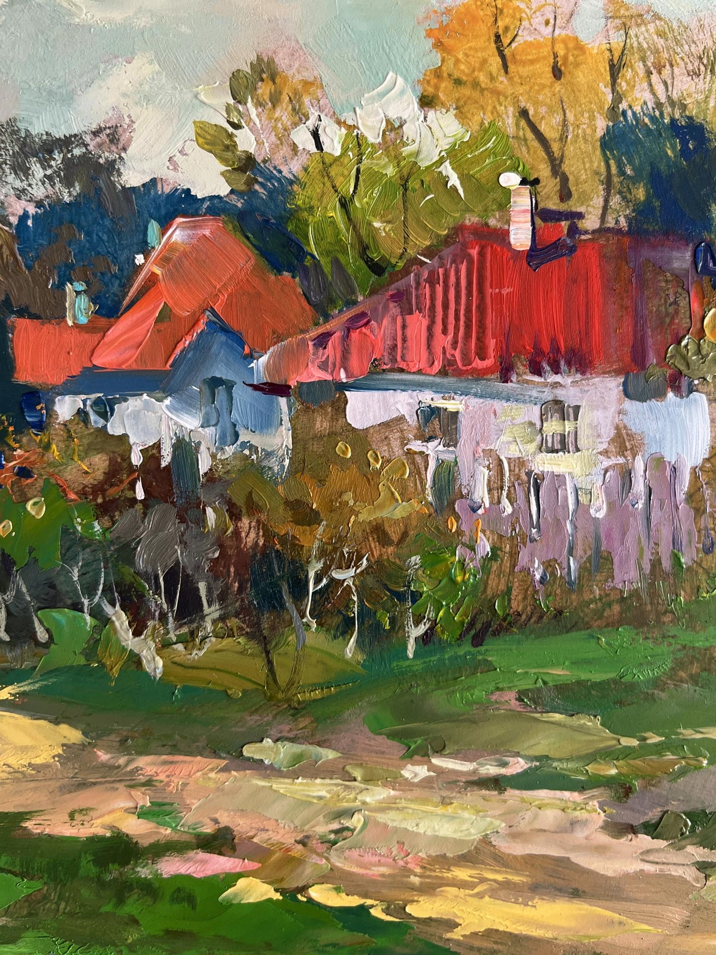 Vibrant impressionist oil painting of quiet village street by Yuriy Suprunchuk