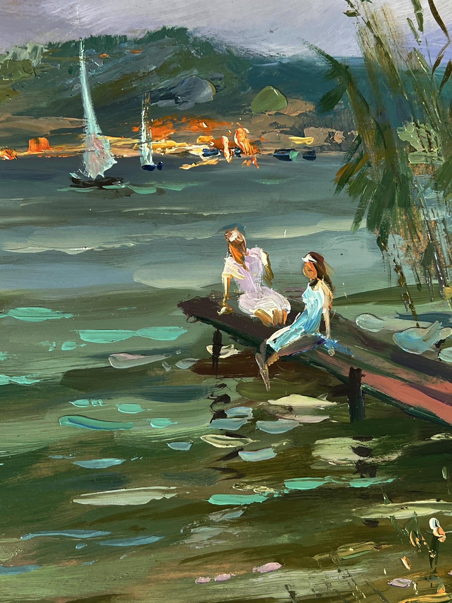 Oil painting of two girls by river on dock by Yuriy Suprunchuk