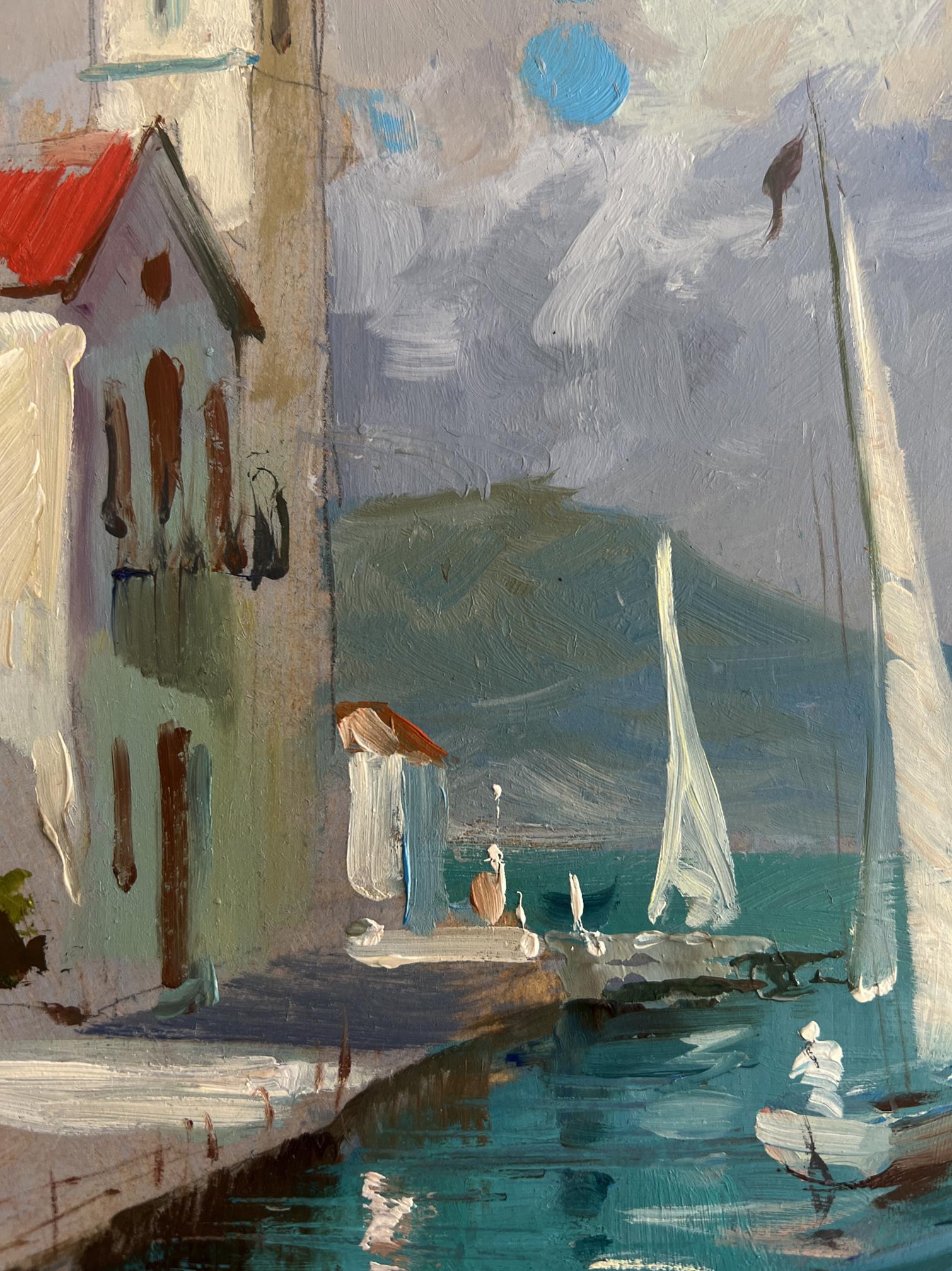 Serene impressionist oil painting of city on water with white sails by Yuriy Suprunchuk
