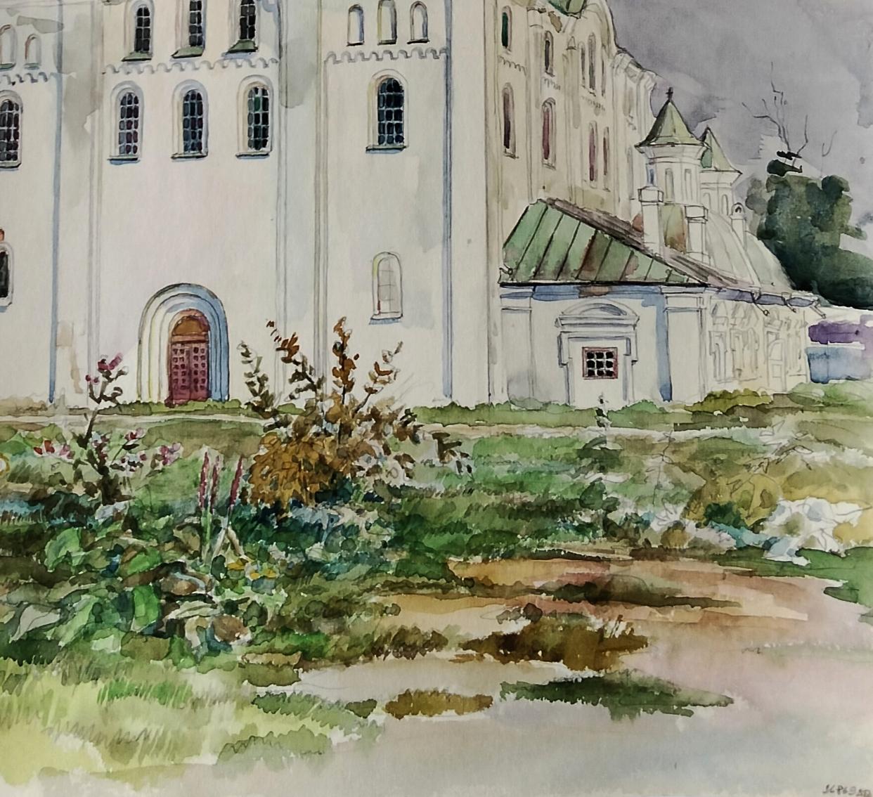 Watercolor painting of white stone cathedral with arched windows, red door by Vitaly Duhnevich