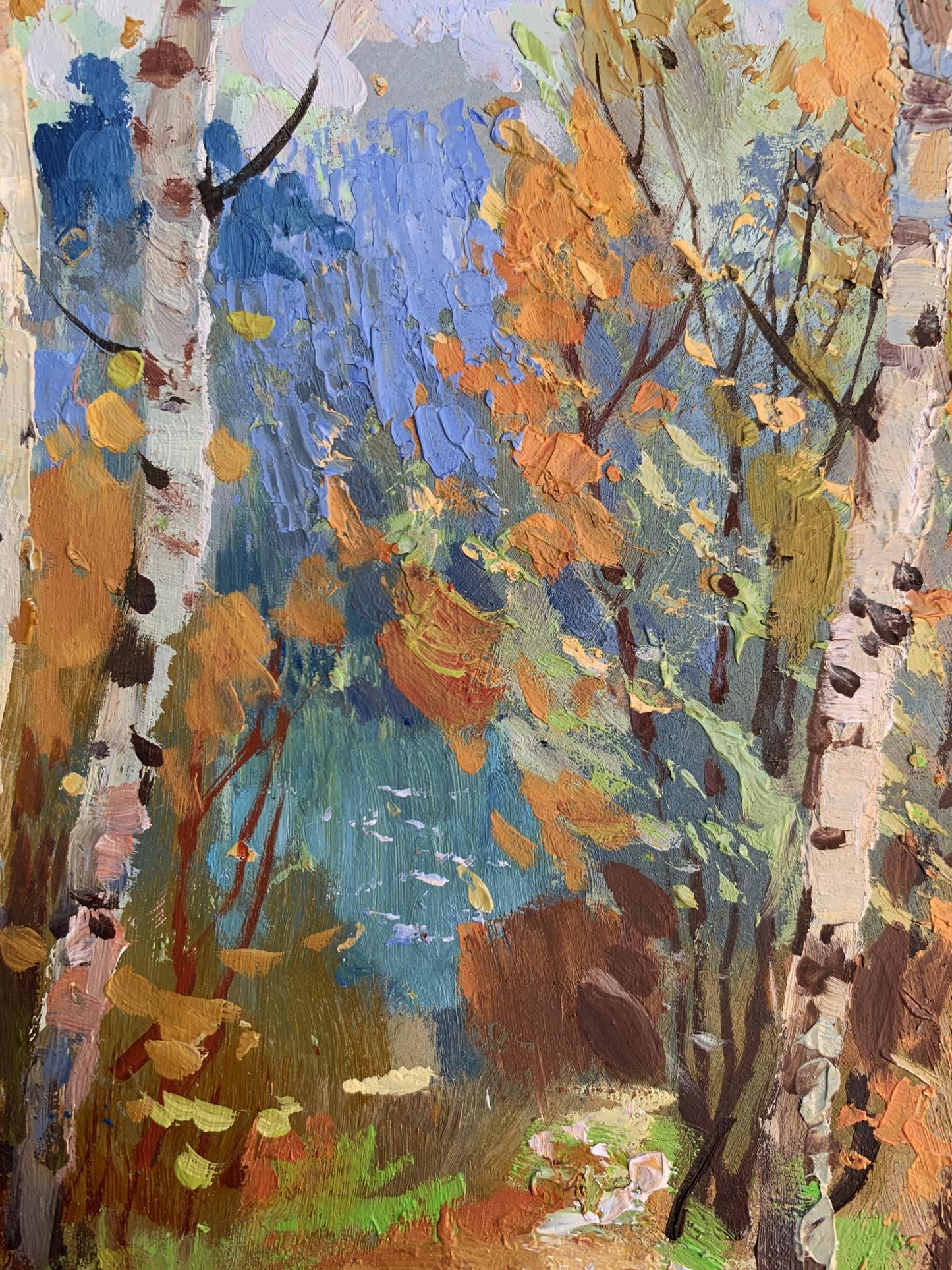 Vibrant impressionist oil painting of autumn birch grove by Yuriy Suprunchuk