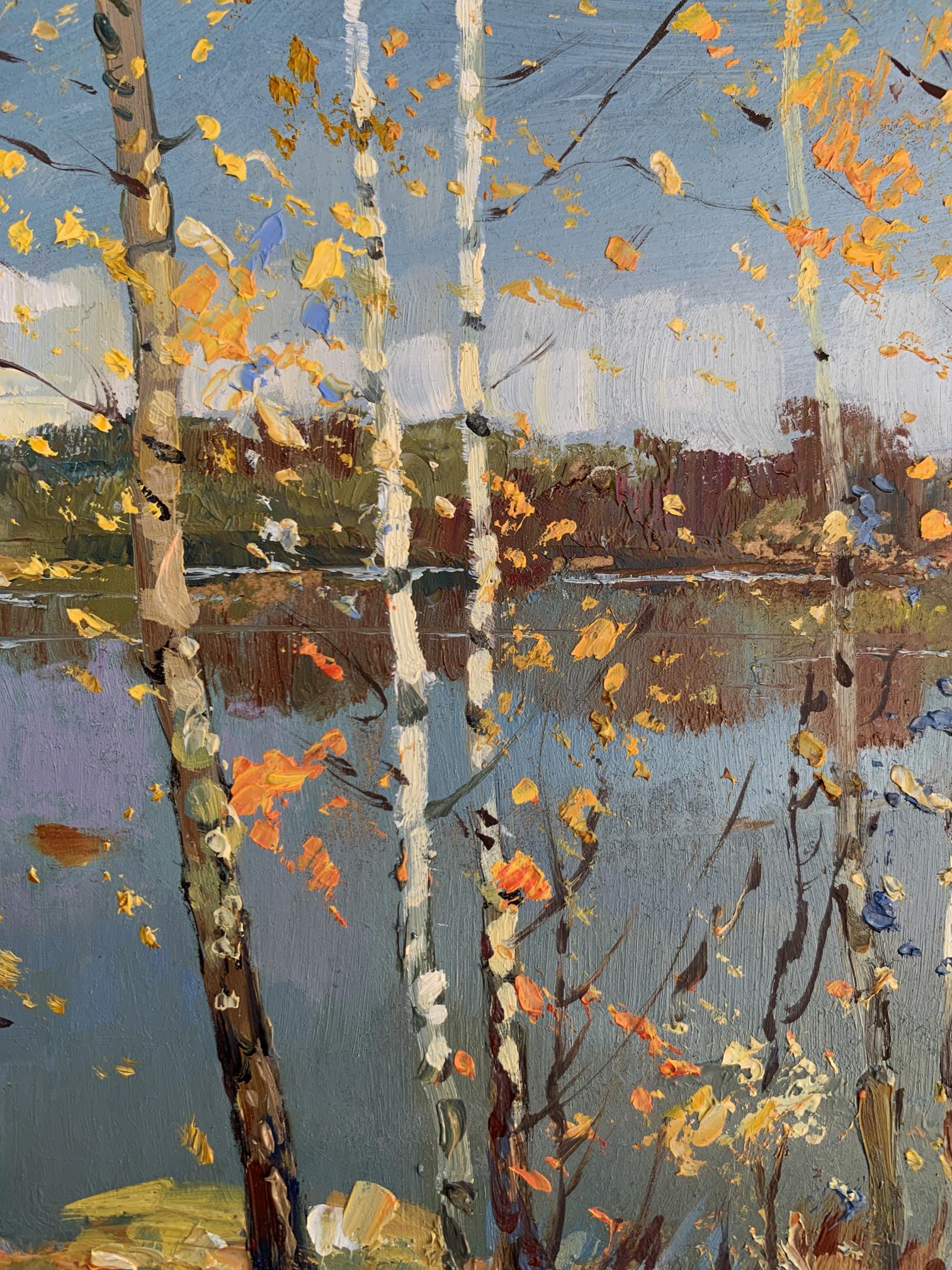 Oil painting View through the birches by Yuriy Suprunchuk: autumnal trees by lake