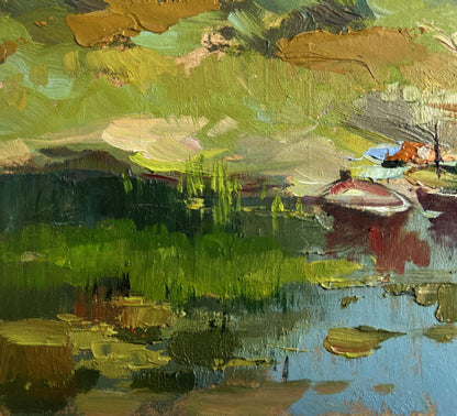 Impressionistic oil painting of summer lake swim by Yuriy Suprunchuk
