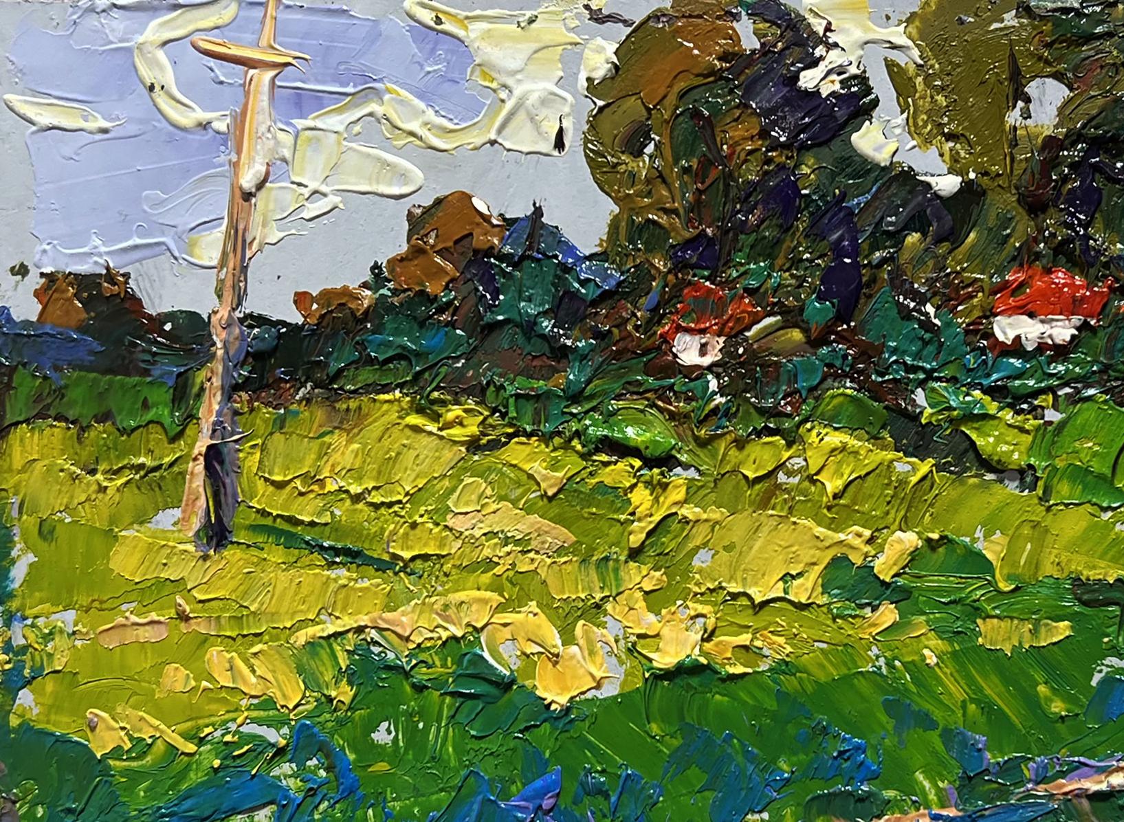 Vibrant impressionist oil painting Yellow fields near the village by Oleksiy Ivanyuk