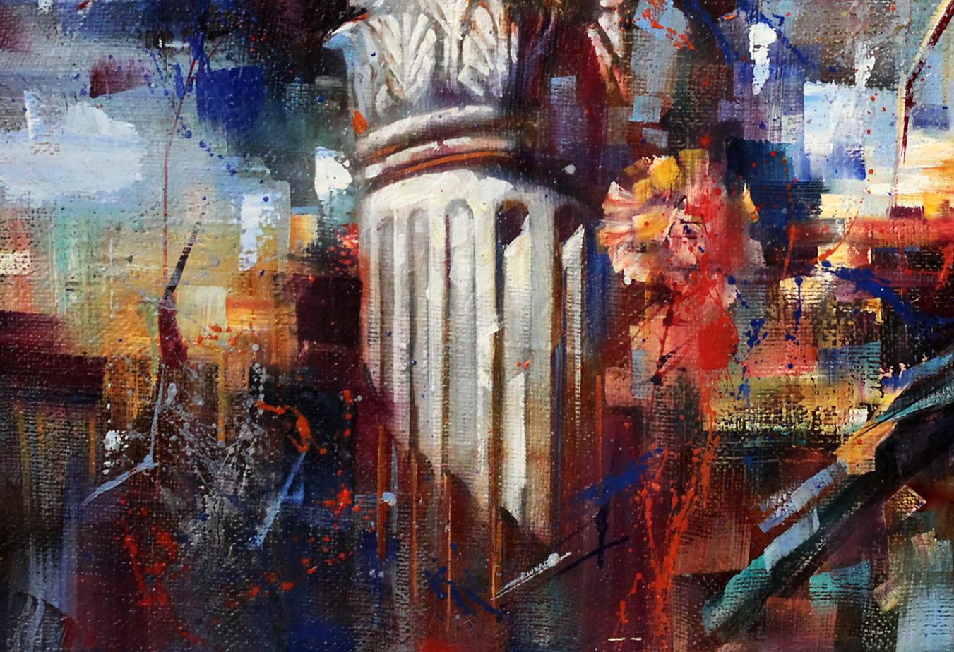 Oil painting Capital by Alexander Dobrodiy: ornate white column on vibrant splattered background