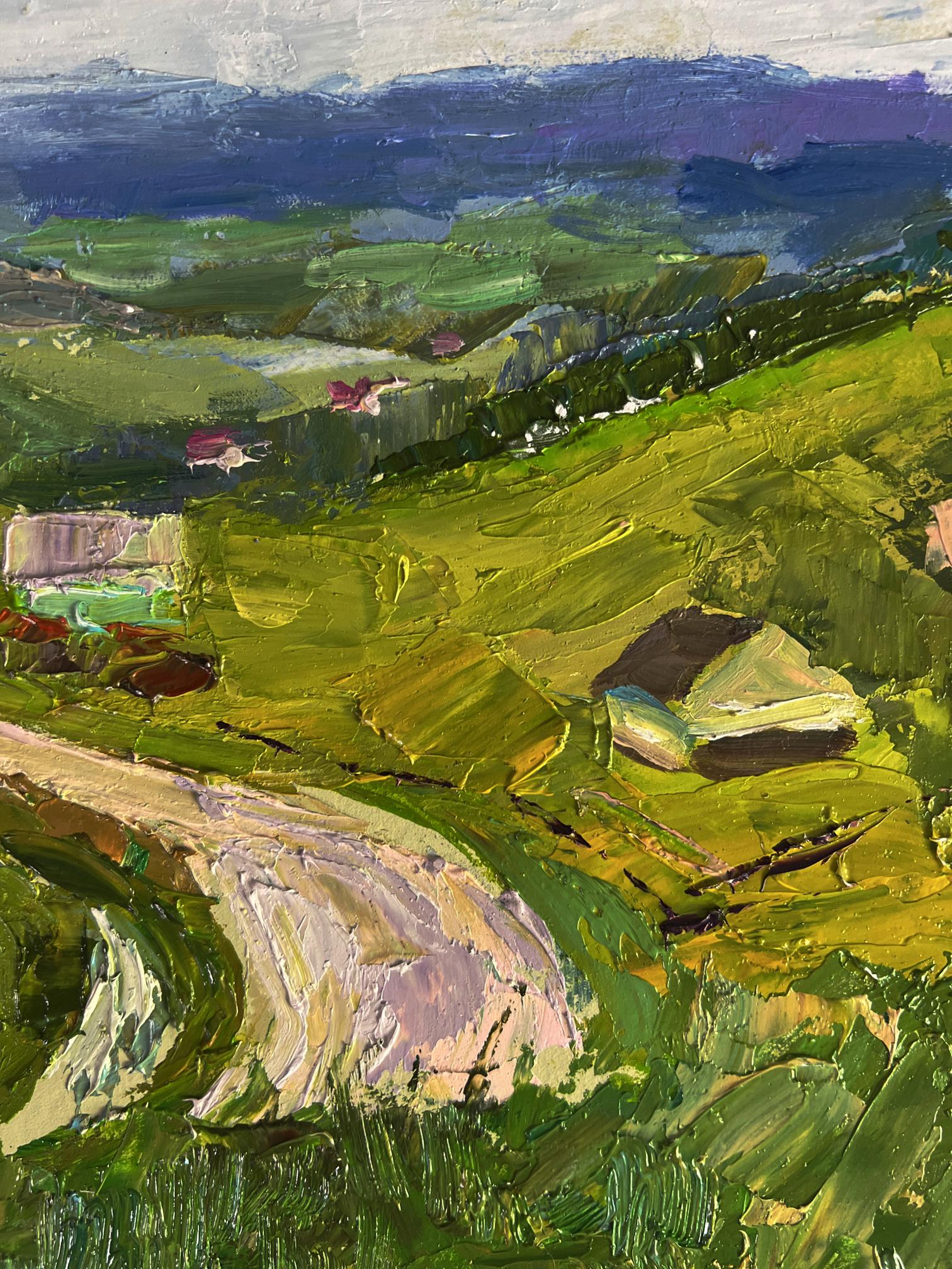 Vibrant impressionist oil painting of wavy mountain road by Boris Serdyuk