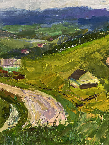 Vibrant impressionist oil painting of wavy mountain road by Boris Serdyuk