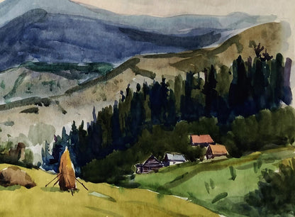 Watercolor painting of forests meeting mountains by Vitaly Duhnevich