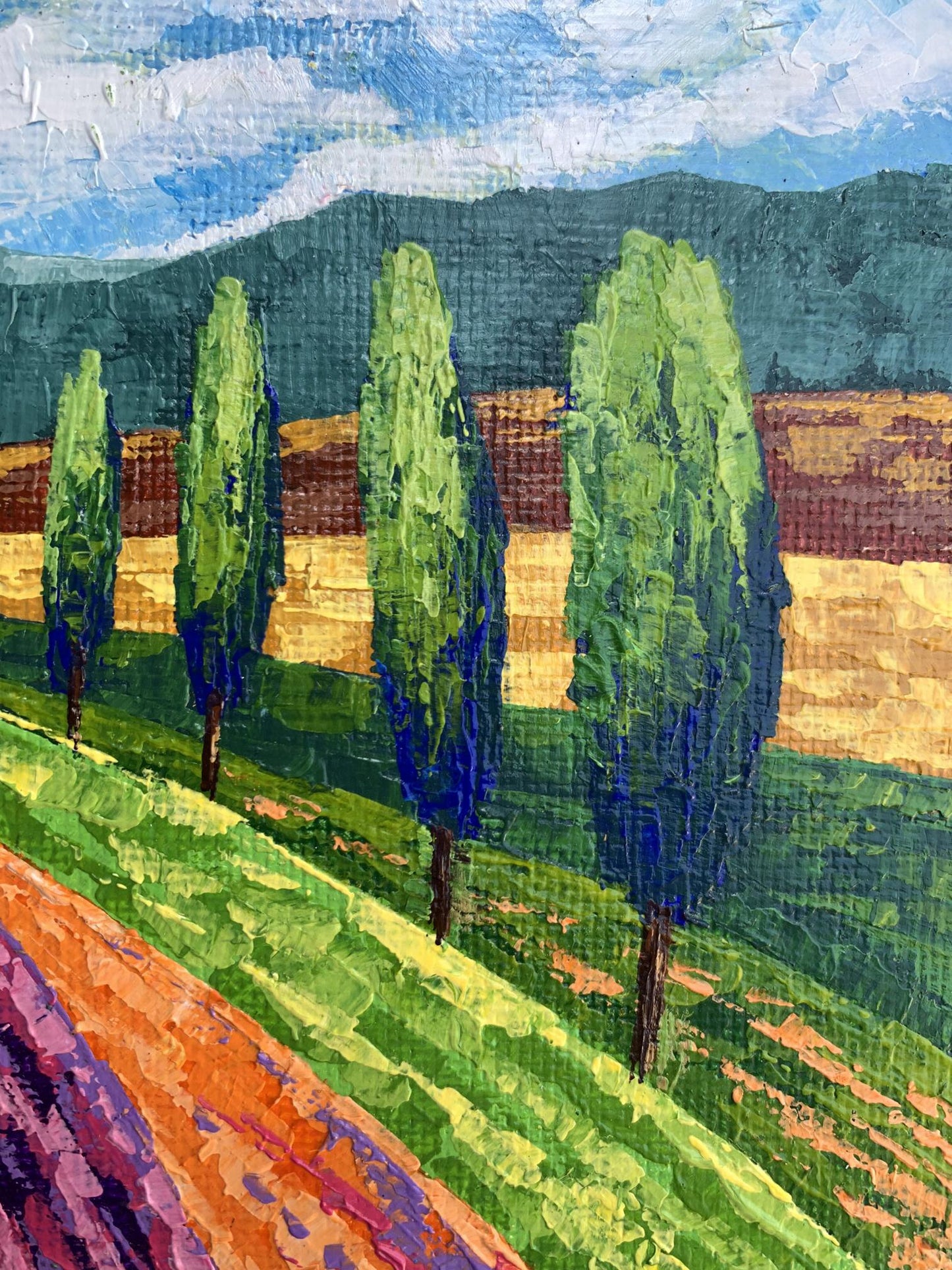 Oil painting Glade road to the mountains by V. Zadorozhnya, cypress trees