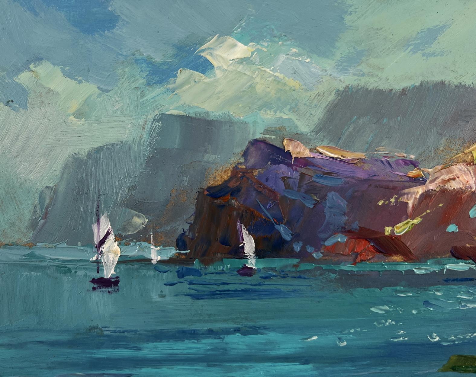 Oil painting of sailboats on turquoise sea by Yuriy Suprunchuk